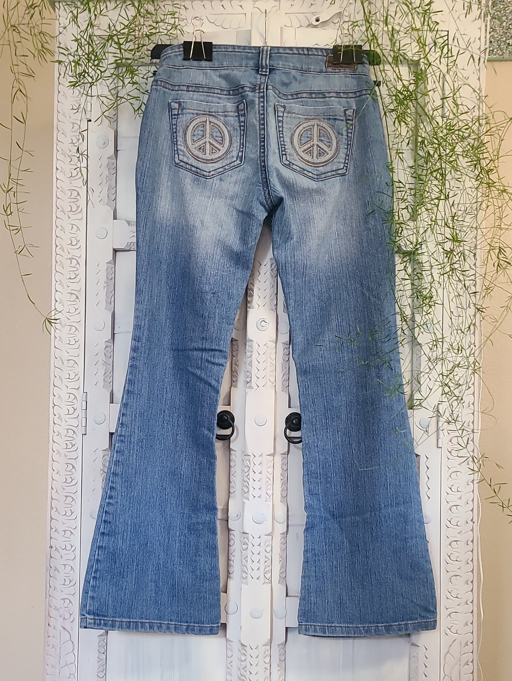 Industrial Cotton Flared Jeans with Back Pocket Peace Sign 30" Inseam